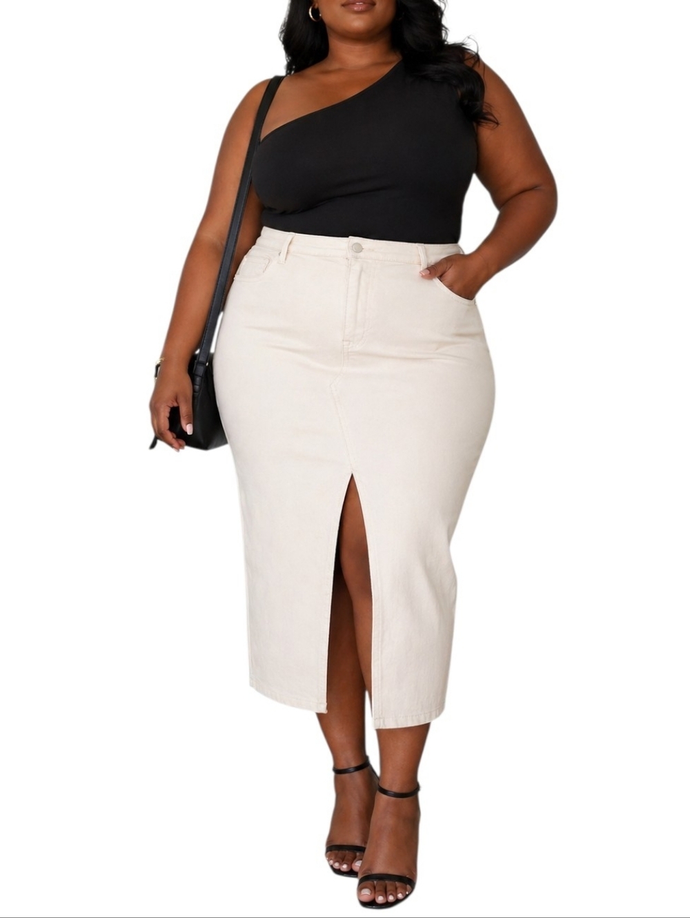 Plus Size Denim Midi Skirt with Front Slit & Pockets  White Jean  Summer Spring